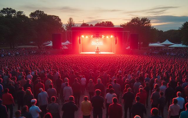 Vidéo cinématographique d'un événement en plein air, foule et scène