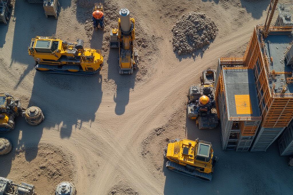 Drone survolant un grand chantier de construction industrielle, sécurité
