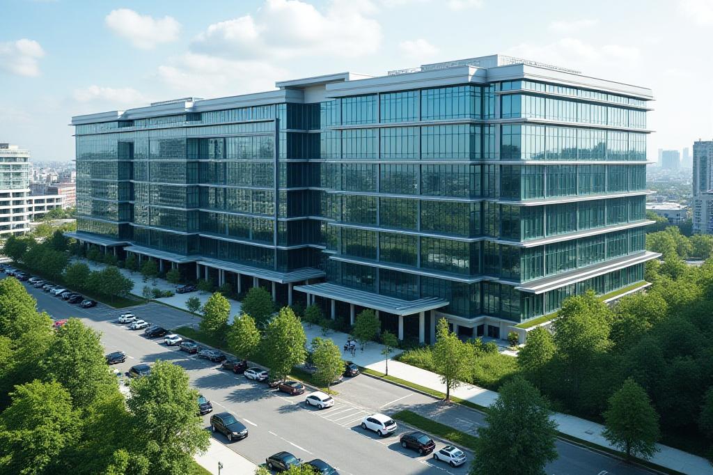 Photographie aérienne moderne d'un complexe commercial avec espaces de bureaux