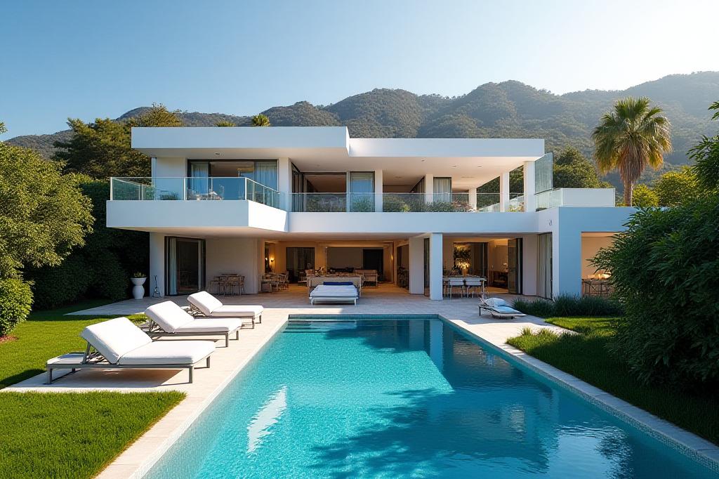 Photo aérienne et intérieure d'une villa de luxe moderne avec piscine