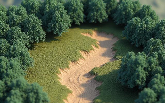 Modélisation 3D d'un terrain rural forestier, couleurs naturelles