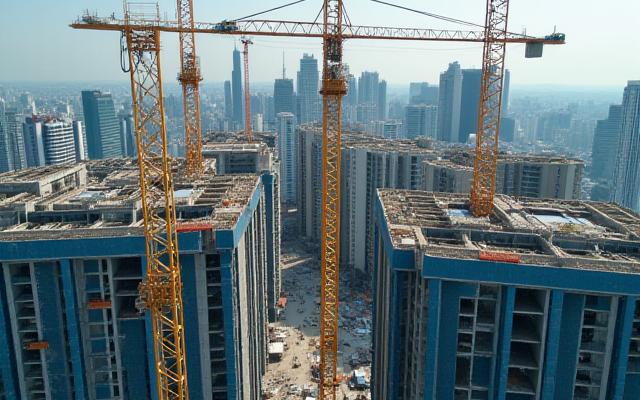 Timelapse de construction urbaine, vue de dessus, grues