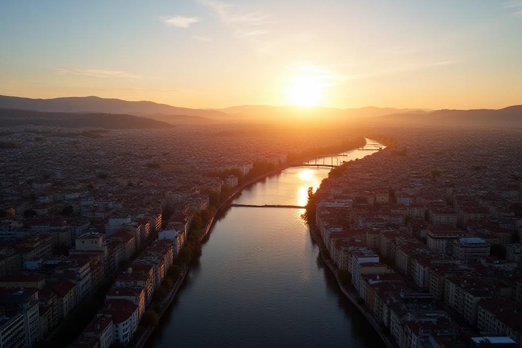 Vue aérienne époustouflante d'une ville au lever du soleil par drone