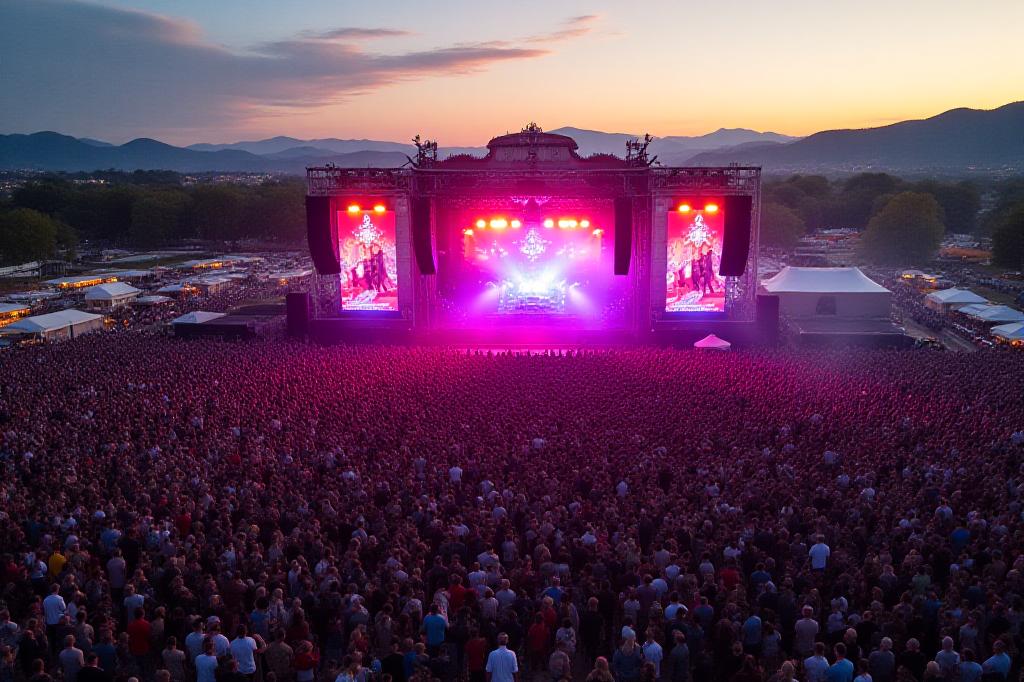 Vidéo de drone d'un grand événement sportif ou festival en plein air, foule et scène