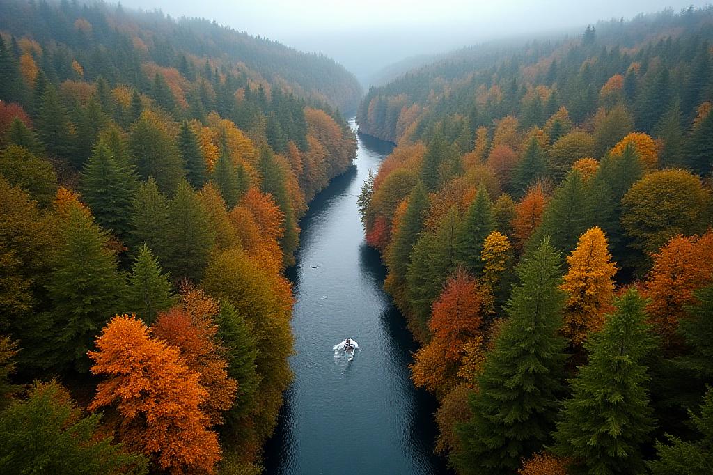 Séquence vidéo de drone d'une forêt luxuriante et d'une rivière en automne
