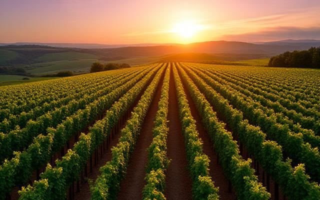 Vue aérienne d'un vignoble au lever du soleil, rangées de vignes verdoyantes