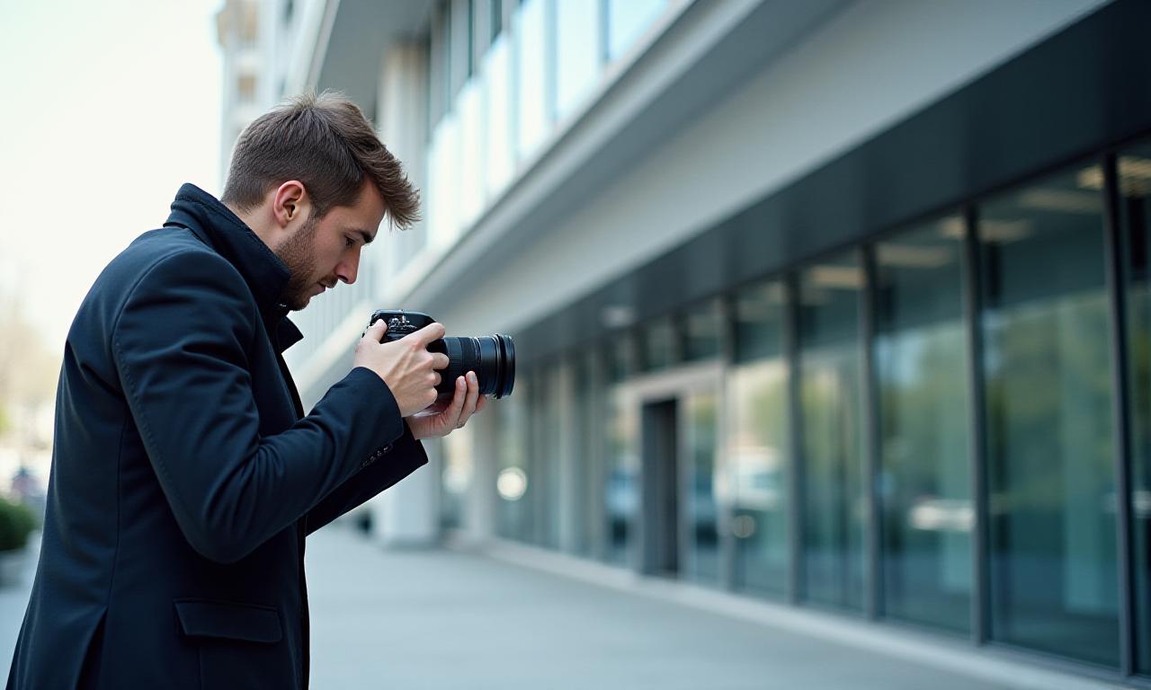 Photographe professionnel capturant des détails architecturaux d'un bâtiment moderne avec un appareil photo reflex numérique.