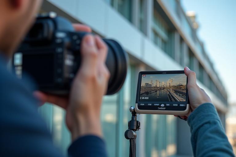 Photographe professionnel capturant des détails architecturaux d'un bâtiment moderne avec un appareil photo reflex numérique.