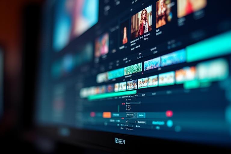 Cadrage serré d'un écran de montage vidéo professionnel affichant une timeline avec des clips, des effets et des outils de colorimétrie.