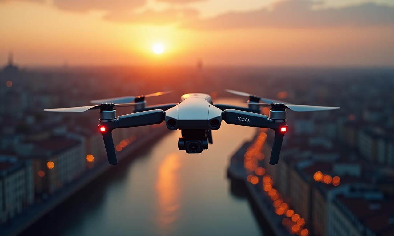 Drone de qualité professionnelle survolant un paysage urbain au lever du soleil, capturant des images cinématographiques.