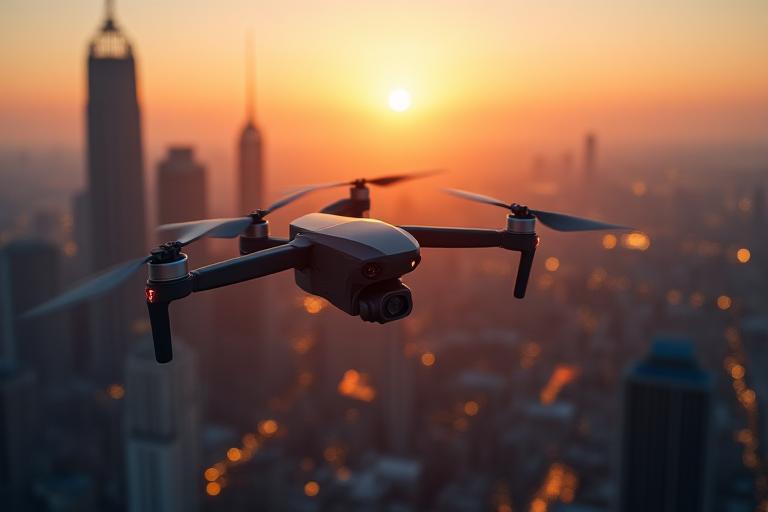 Drone de qualité professionnelle survolant un paysage urbain au lever du soleil, capturant des images cinématographiques.