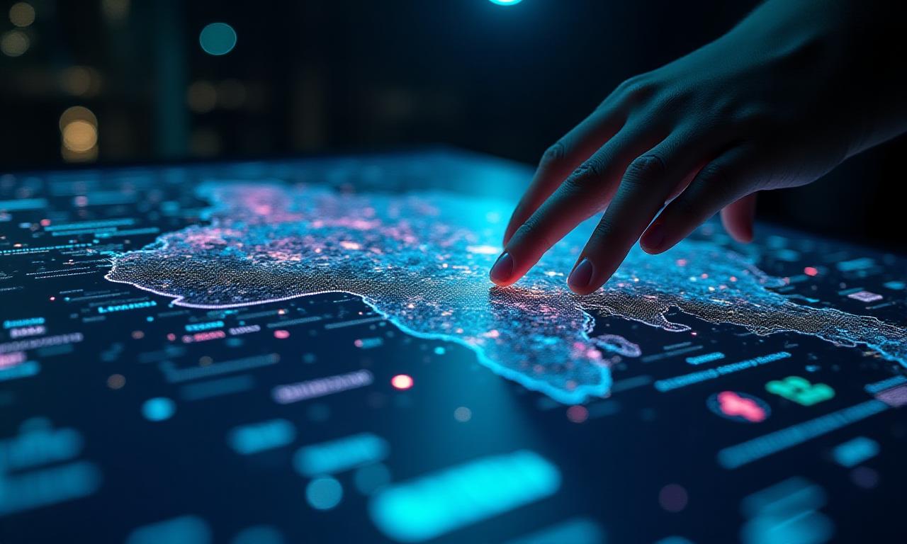 Carte interactive affichant des points de données géospatiales et des informations statistiques sur un fond sombre technologique.